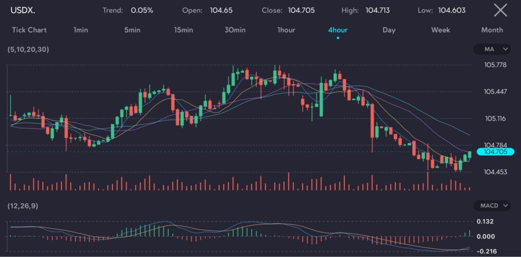The image displays a candlestick chart of the US Dollar Index (Symbol: USDX) on a four-hour timeframe, depicting the price movement over a specific period. The trend indicates a slight increase of 0.05%, with an open price of 104.65, a close price of 104.705, a high of 104.713, and a low of 104.603. The chart features multiple indicators: Moving Averages (MA) with various periods (5, 10, 20, 30), showing the average price over these timeframes. The volume is represented by vertical bars at the bottom, illustrating the number of trades executed. The MACD (Moving Average Convergence Divergence) is positioned at the bottom, aiding in identifying changes in the strength, direction, momentum, and duration of a trend in the stock's price.